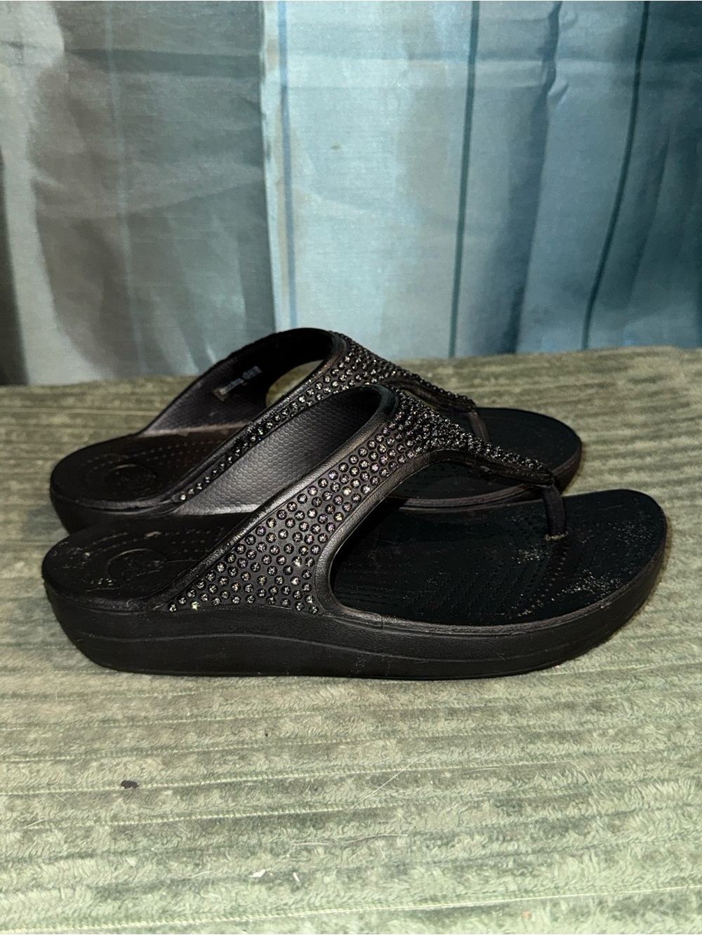 CROCS Black Rhinestone Wedge Thong Sandals